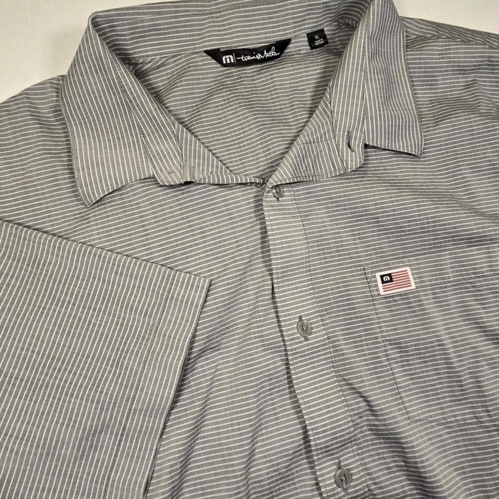 Travis Mathew Polo Gray Striped with American Flag Size XL *flaw